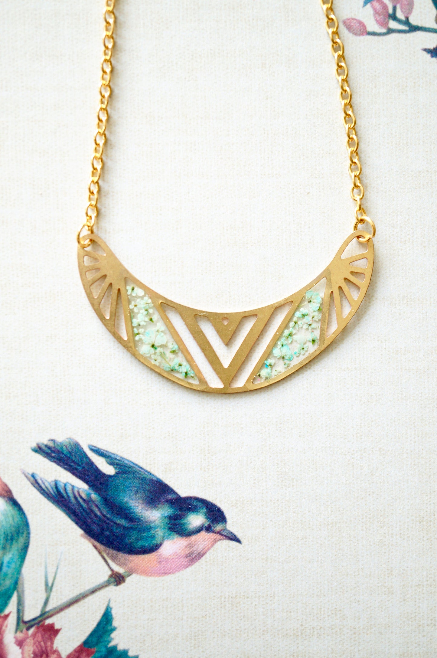 Real Flowers and Resin Necklace, Brass Tribal in Mint
