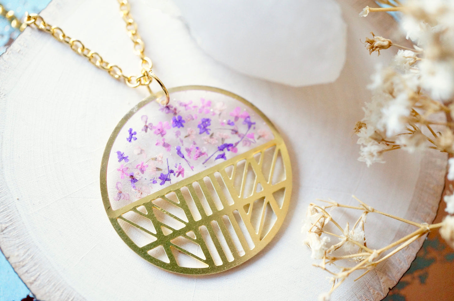 Real Dried Flowers in Resin, Brass Circle Necklace in Purple Mix