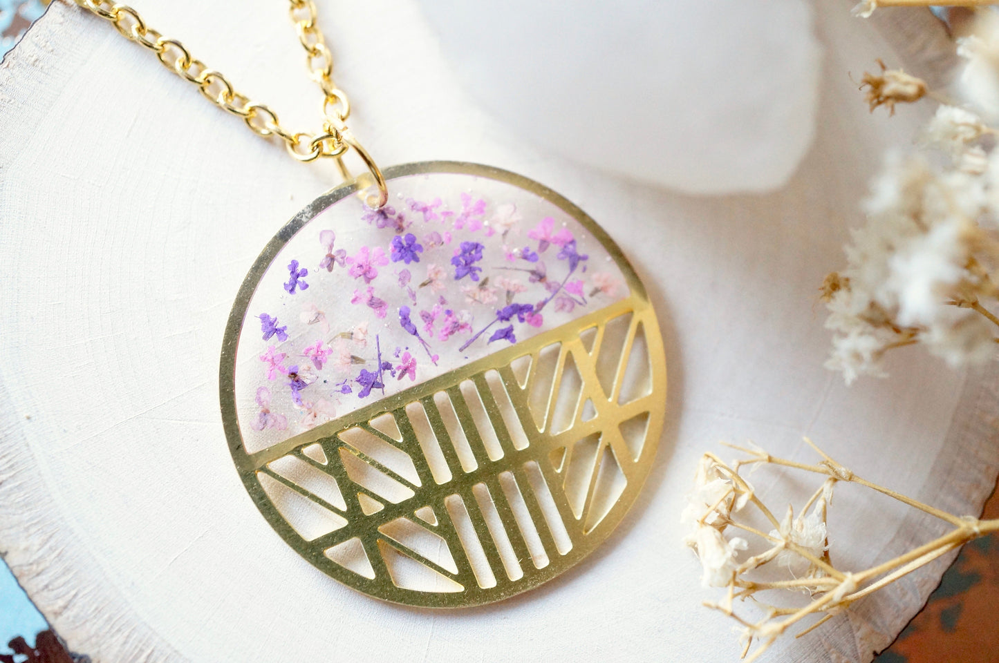 Real Dried Flowers in Resin, Brass Circle Necklace in Purple Mix