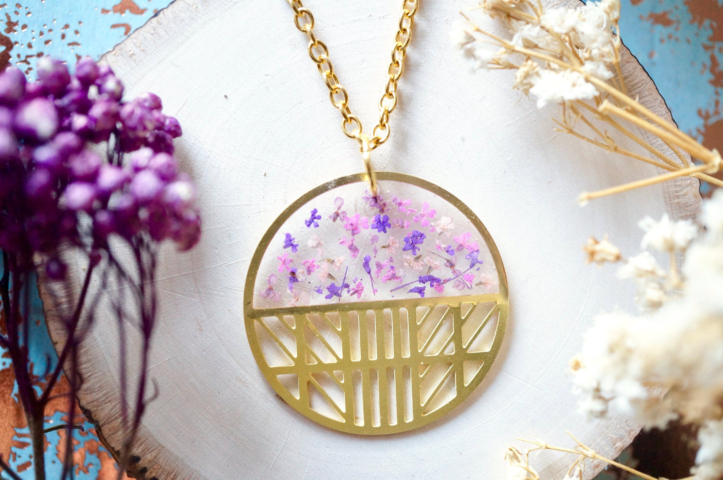 Real Dried Flowers in Resin, Brass Circle Necklace in Purple Mix