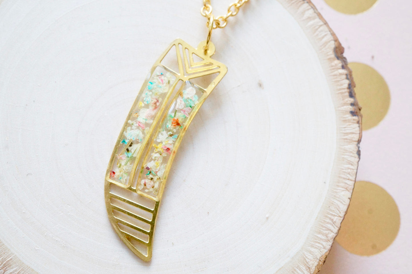 Real Dried Flowers in Resin, Brass Tribal Horn Necklace in Pastel Mix