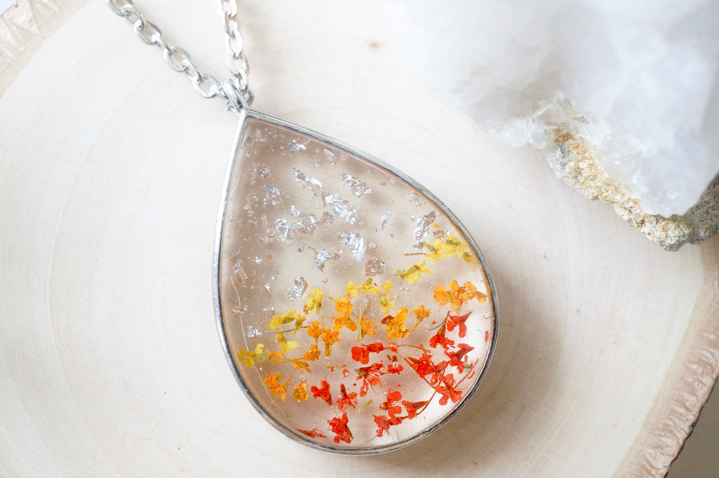 Real Dried Flowers in Resin, Silver Necklace in Red Orange Yellow and Silver Foil Flakes