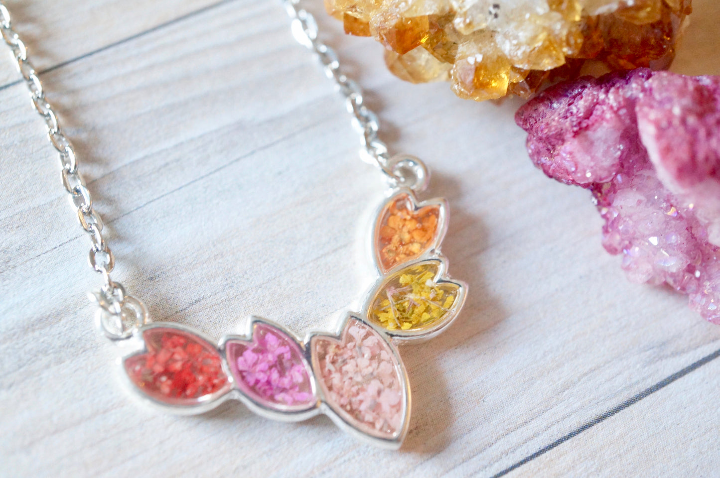 Real Dried Flowers in Resin, Silver Necklace in Red, Pinks, Yellow and Orange
