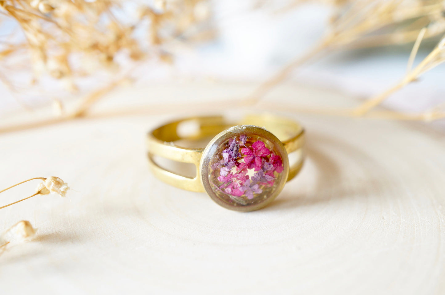 Real Pressed Flower and Resin Ring, Small Gold Circle in Purple and Pink