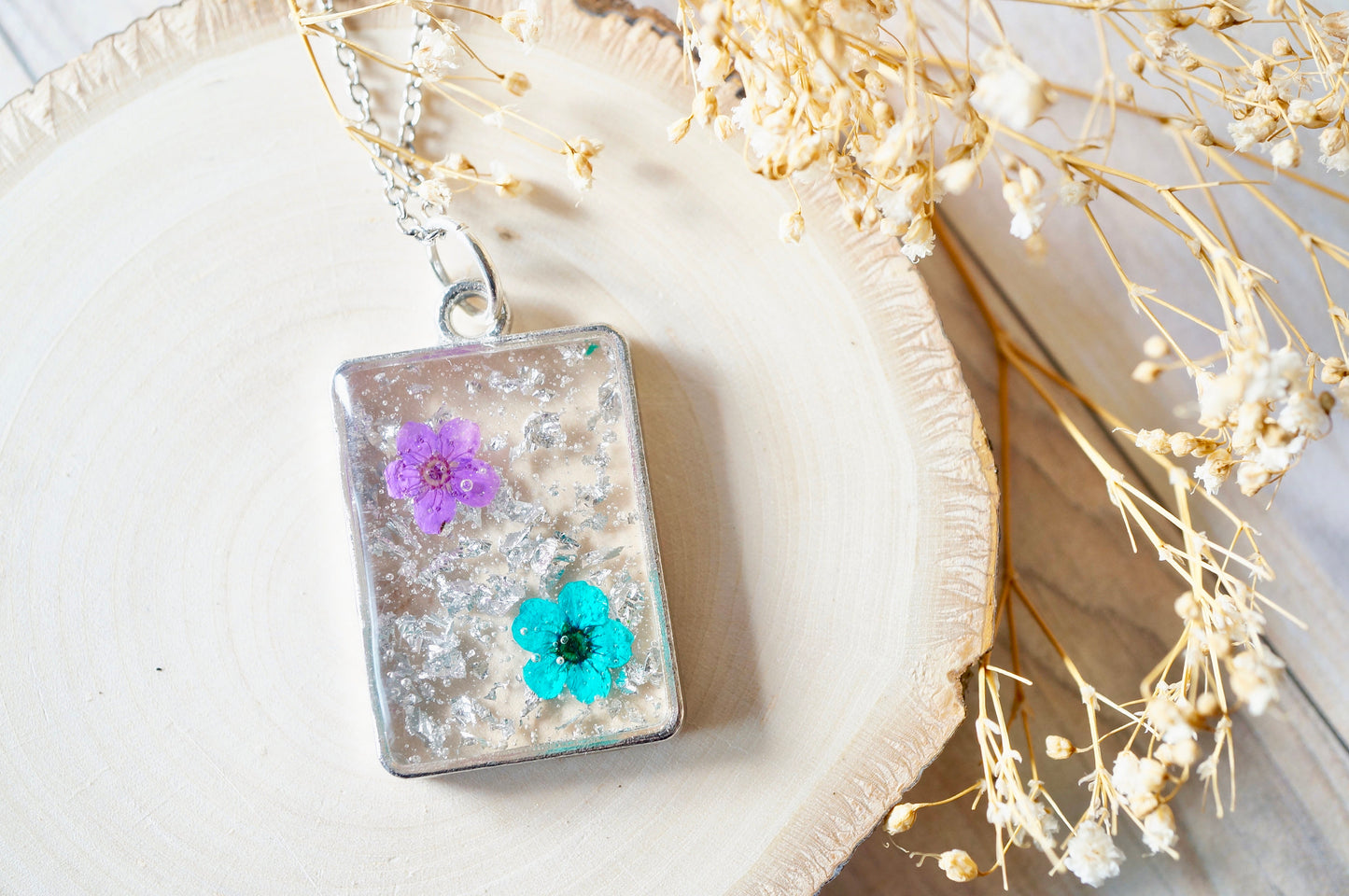 Real Dried Flowers in Resin Necklace, Silver Rectangle in Pink and Teal with Silver Flakes