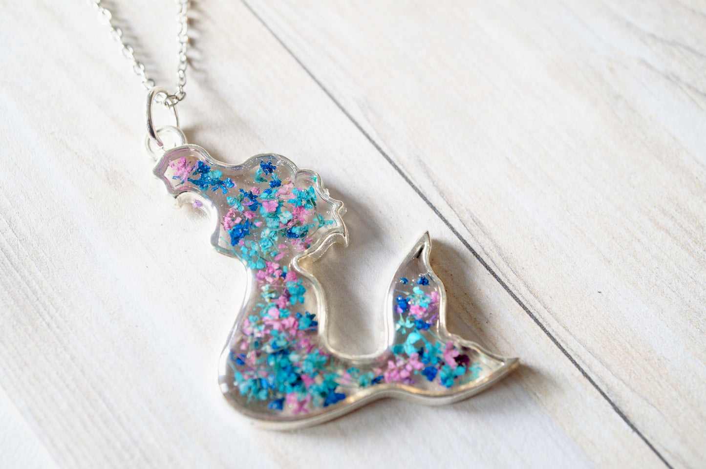Real Dried Flowers in Resin Necklace, Silver Mermaid in Pink Blue Teal