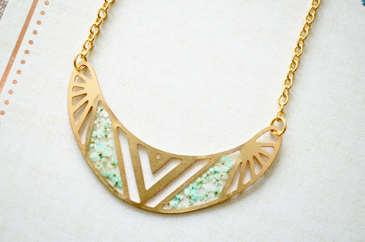 Real Flowers and Resin Necklace, Brass Tribal in Mint