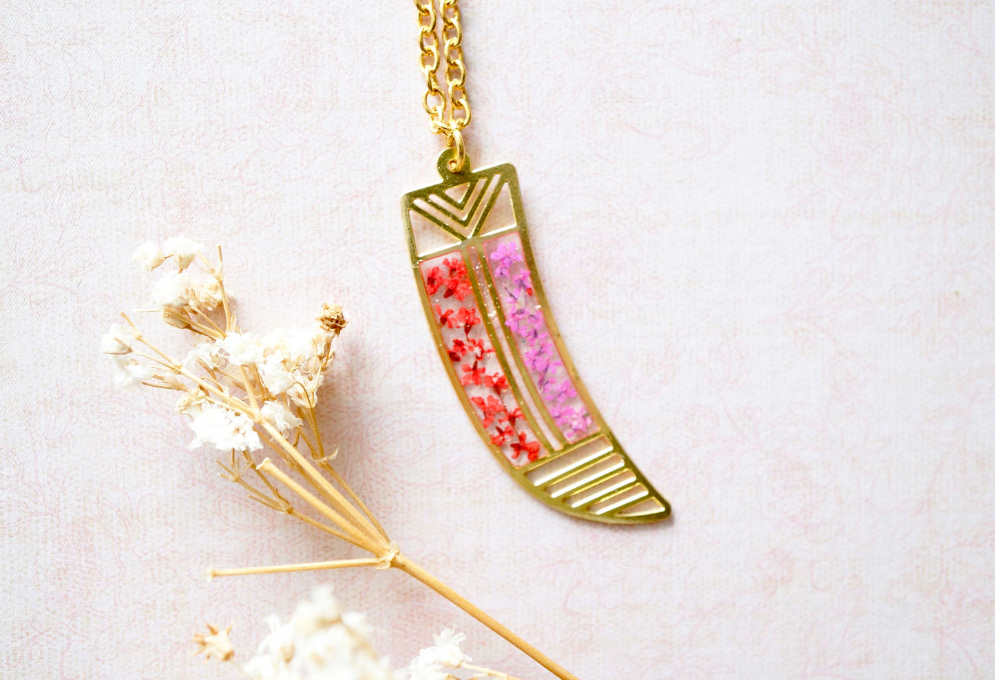 Real Pressed Flowers in Resin, Gold Tribal Horn Necklace in Red and Purple