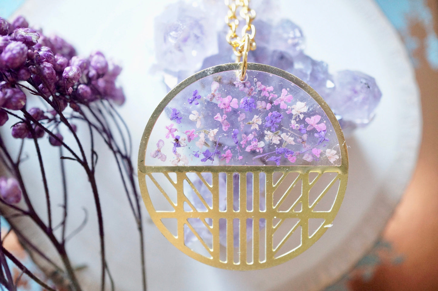 Real Dried Flowers in Resin, Brass Circle Necklace in Purple Mix
