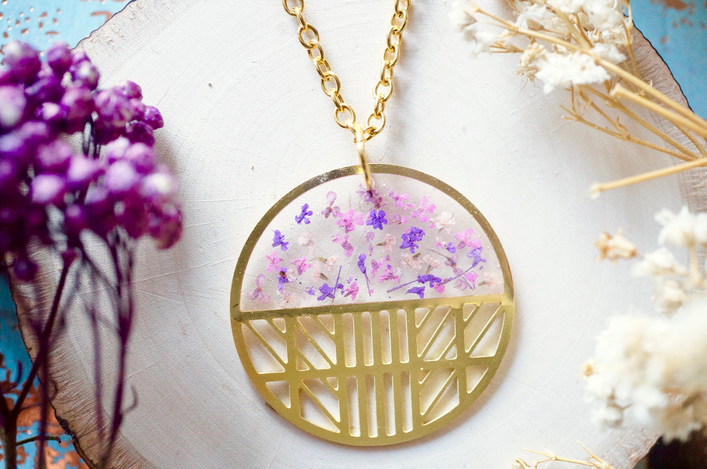 Real Dried Flowers in Resin, Brass Circle Necklace in Purple Mix