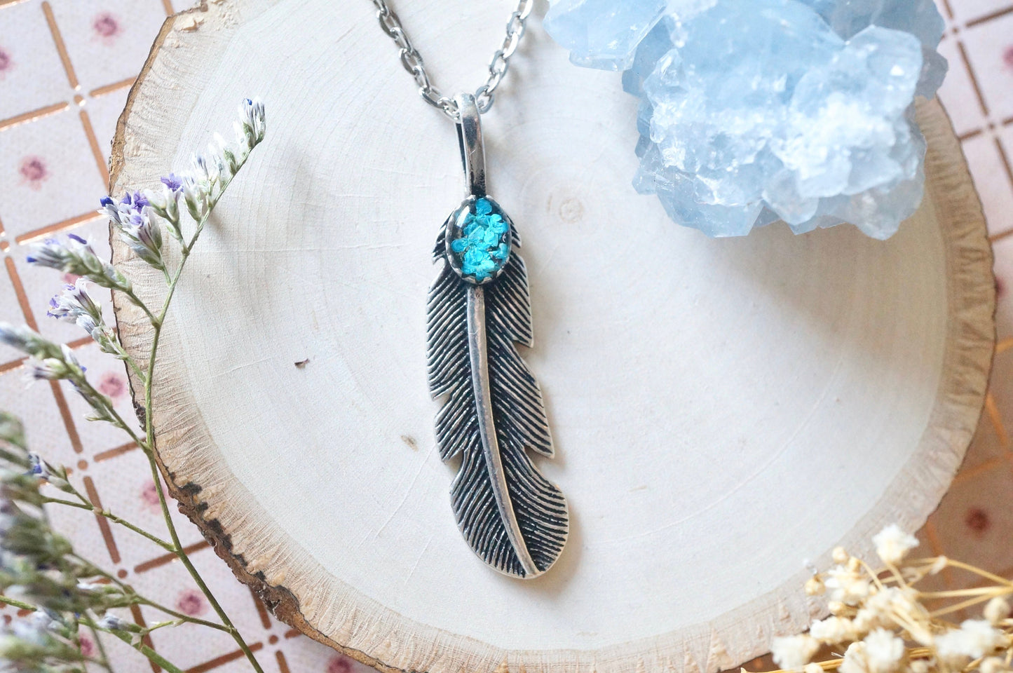 Real Pressed Flowers and Resin Necklace, Silver Feather in Teal
