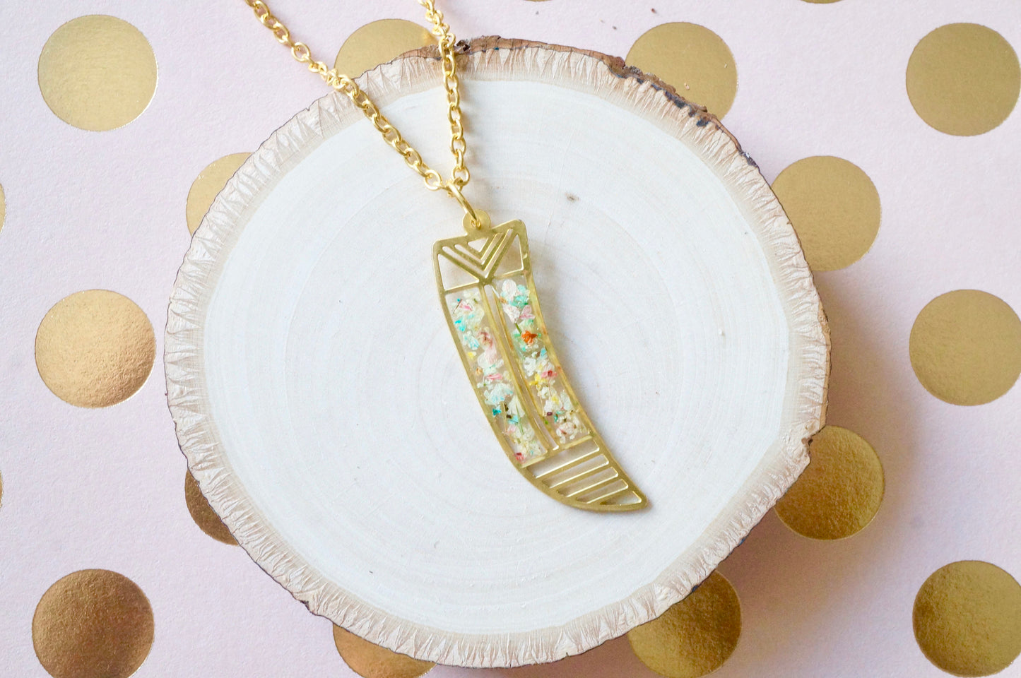 Real Dried Flowers in Resin, Brass Tribal Horn Necklace in Pastel Mix
