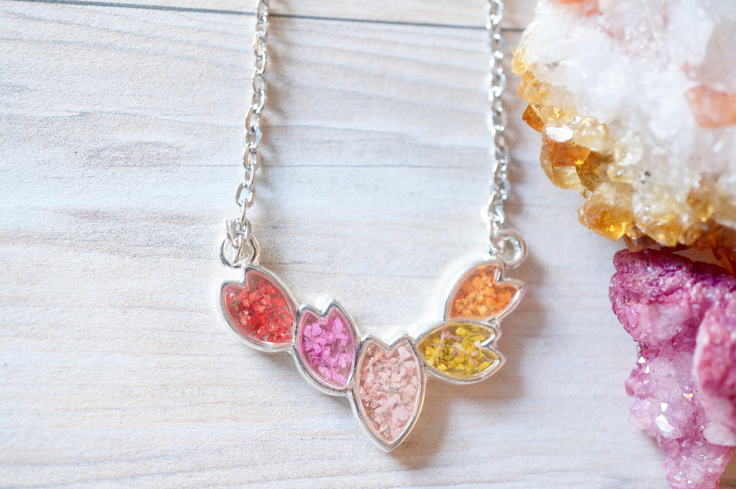 Real Dried Flowers in Resin, Silver Necklace in Red, Pinks, Yellow and Orange