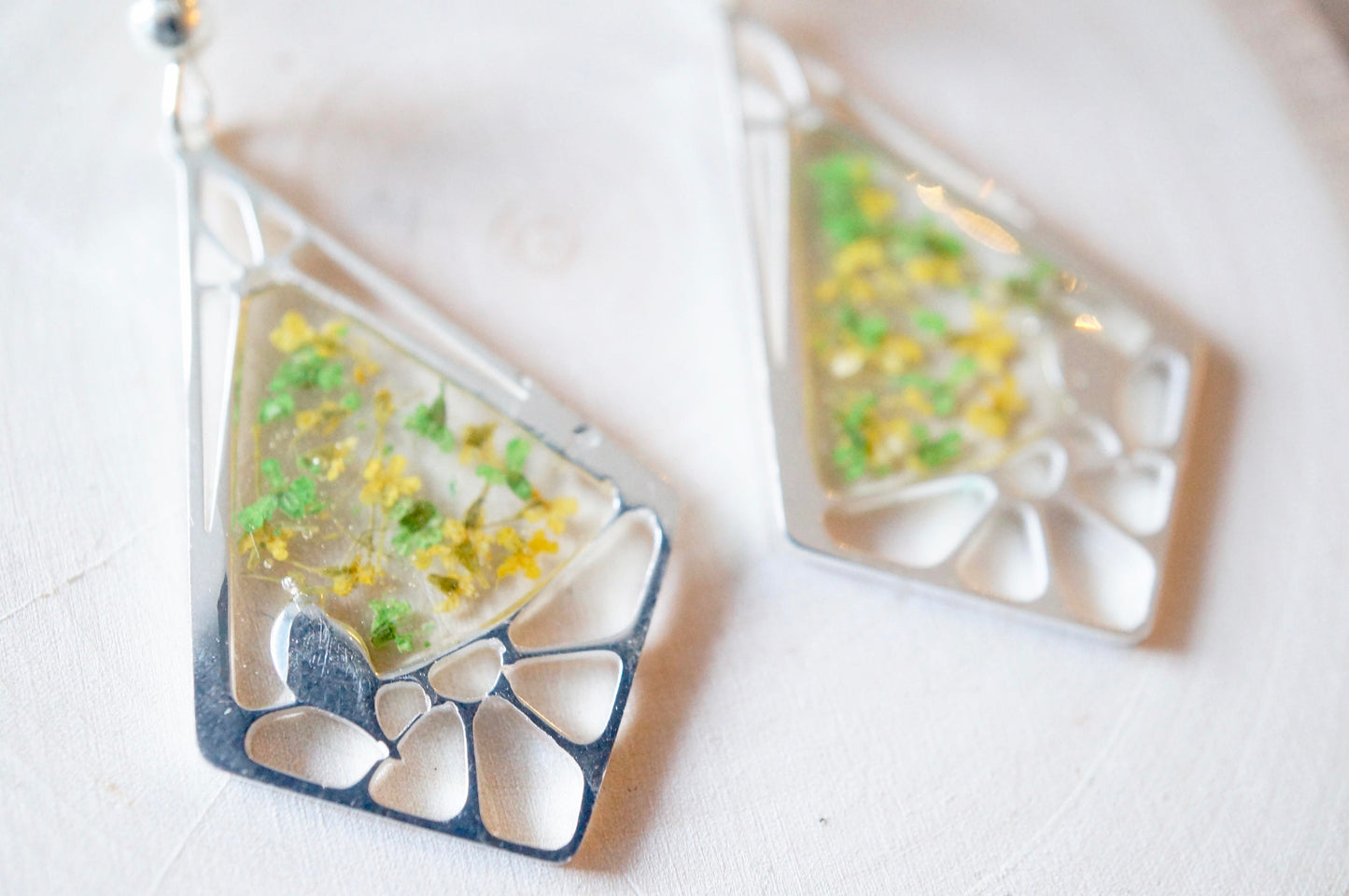 Real Dried Flowers and Resin Earrings, Silver Drops in Green and Yellow