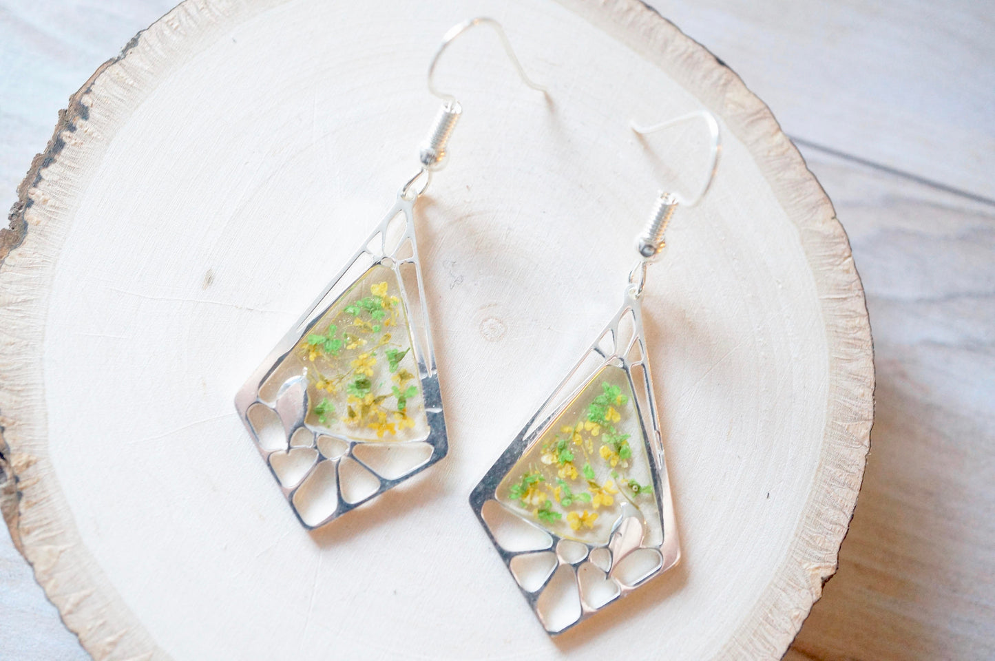 Real Dried Flowers and Resin Earrings, Silver Drops in Green and Yellow