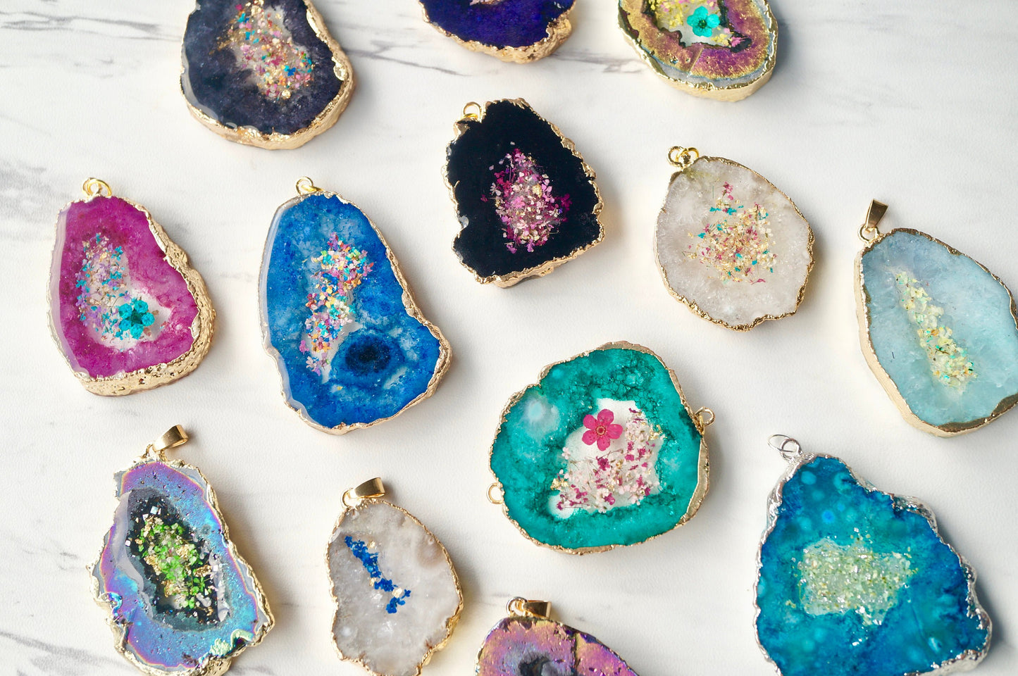 CUSTOM geode - Real Pressed Flowers in Resin Necklaces - Geode Druzy in your color choice