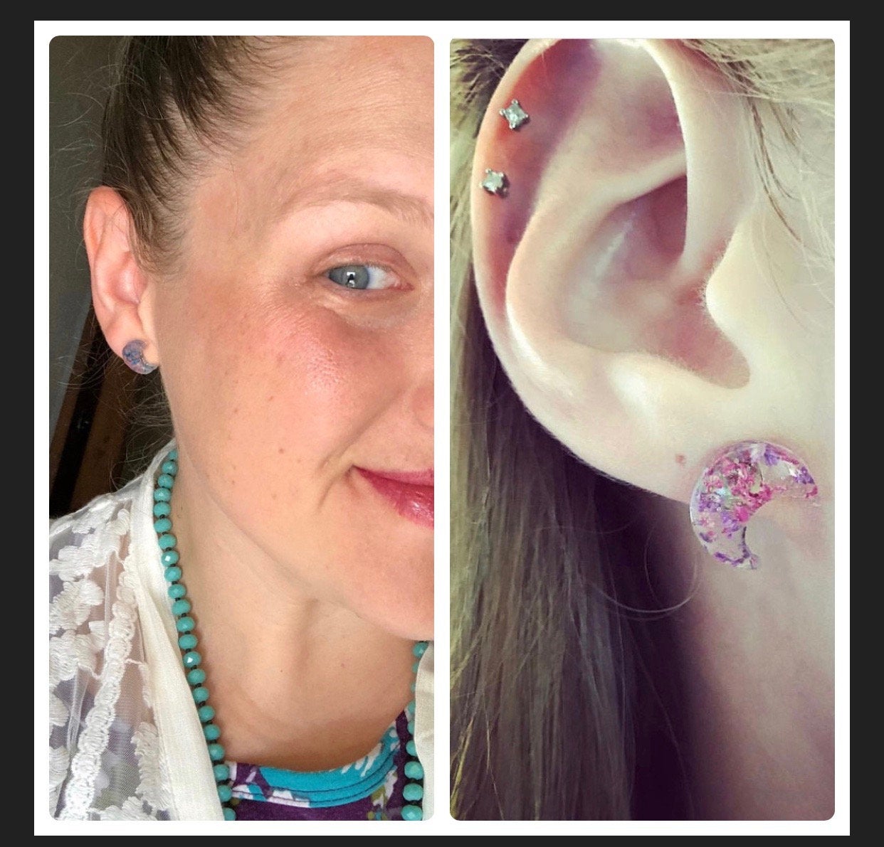 Real Pressed Flowers and Resin Celestial Moon Stud Earrings in Party Mix