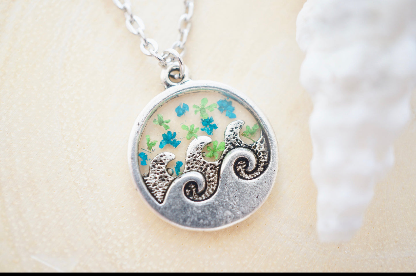 Real Pressed Flowers in Resin, Silver Circle Wave Necklace in Teal and Green