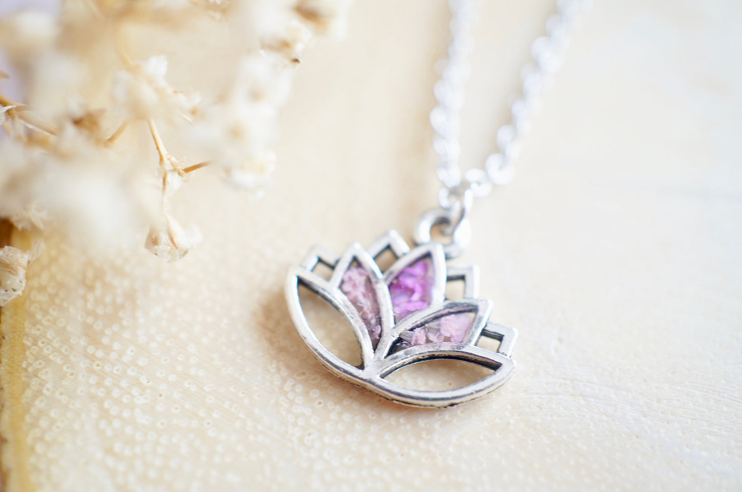 Real Pressed Flowers in Resin, Silver Lotus Necklace in Pinks