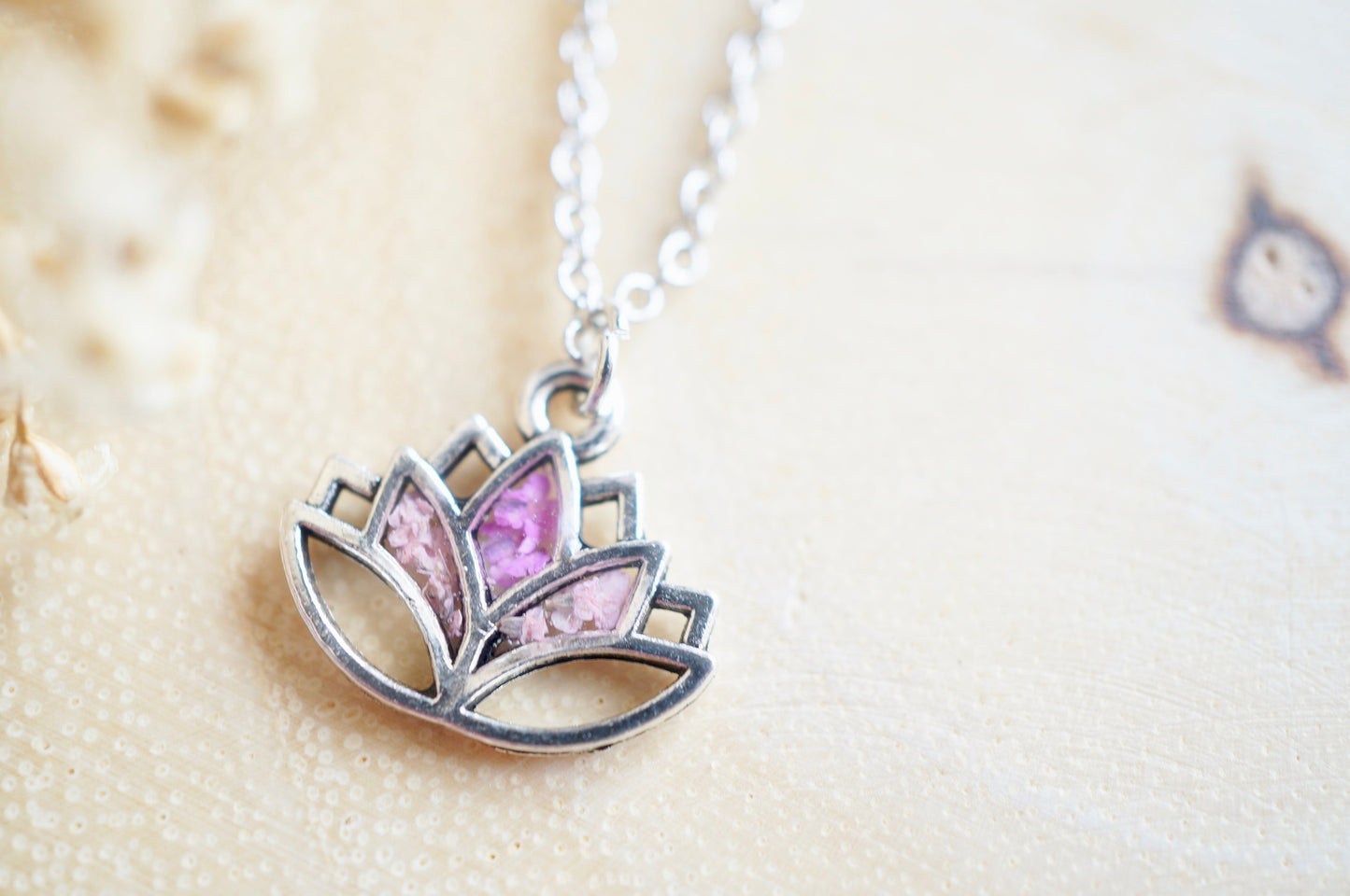 Real Pressed Flowers in Resin, Silver Lotus Necklace in Pinks