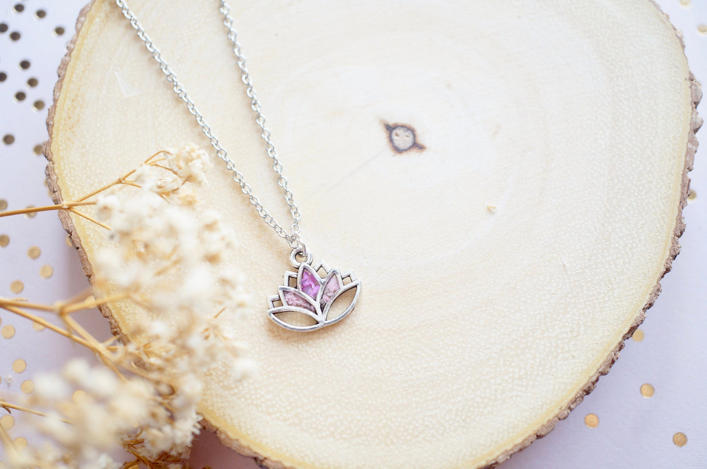 Real Pressed Flowers in Resin, Silver Lotus Necklace in Pinks