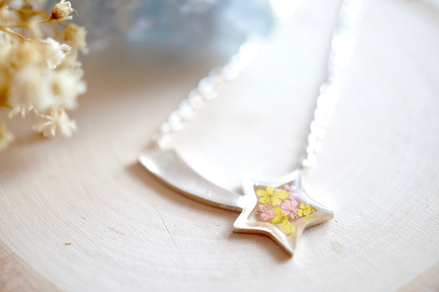 Real Pressed Flowers in Resin, Silver Shooting Star Necklace in Yellow Pink