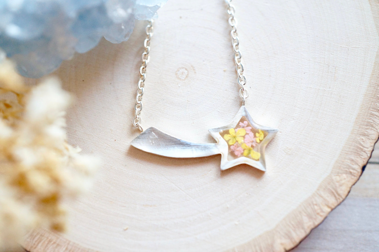 Real Pressed Flowers in Resin, Silver Shooting Star Necklace in Yellow Pink