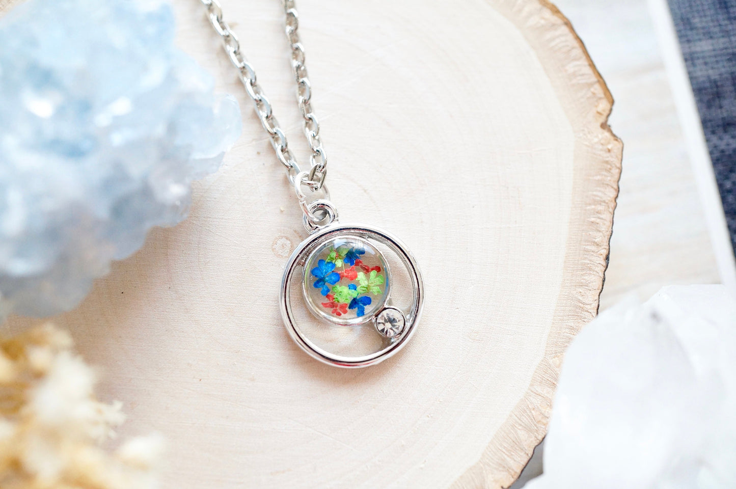Real Pressed Flowers in Resin, Silver Circle Necklace in Blue Green Red