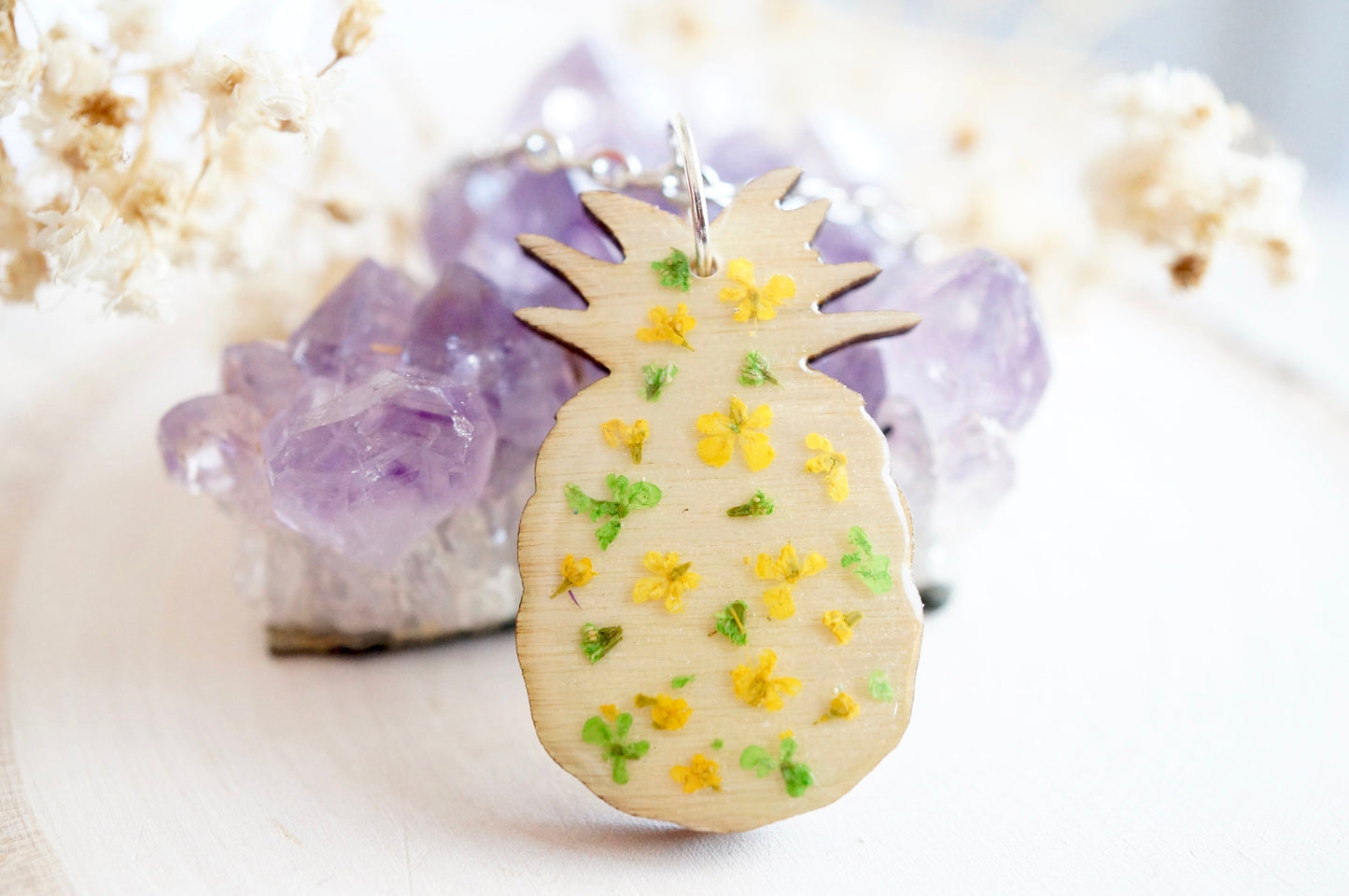 Real Pressed Flowers in Resin, Wood Pineapple Necklace in Yellow Green