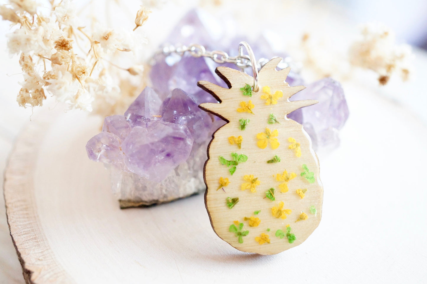 Real Pressed Flowers in Resin, Wood Pineapple Necklace in Yellow Green