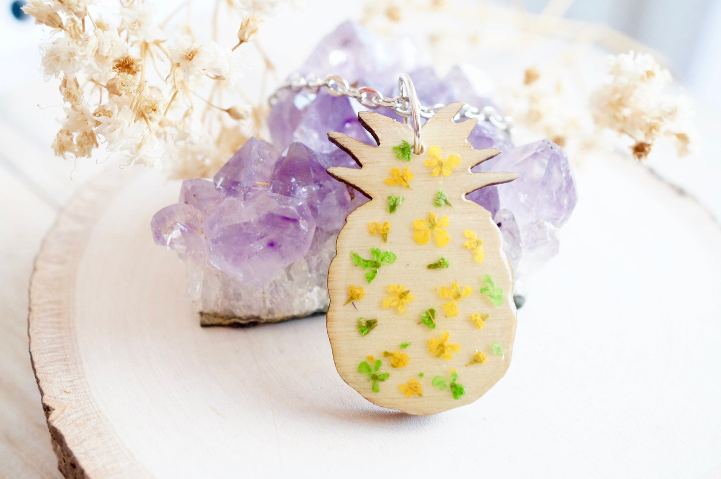 Real Pressed Flowers in Resin, Wood Pineapple Necklace in Yellow Green