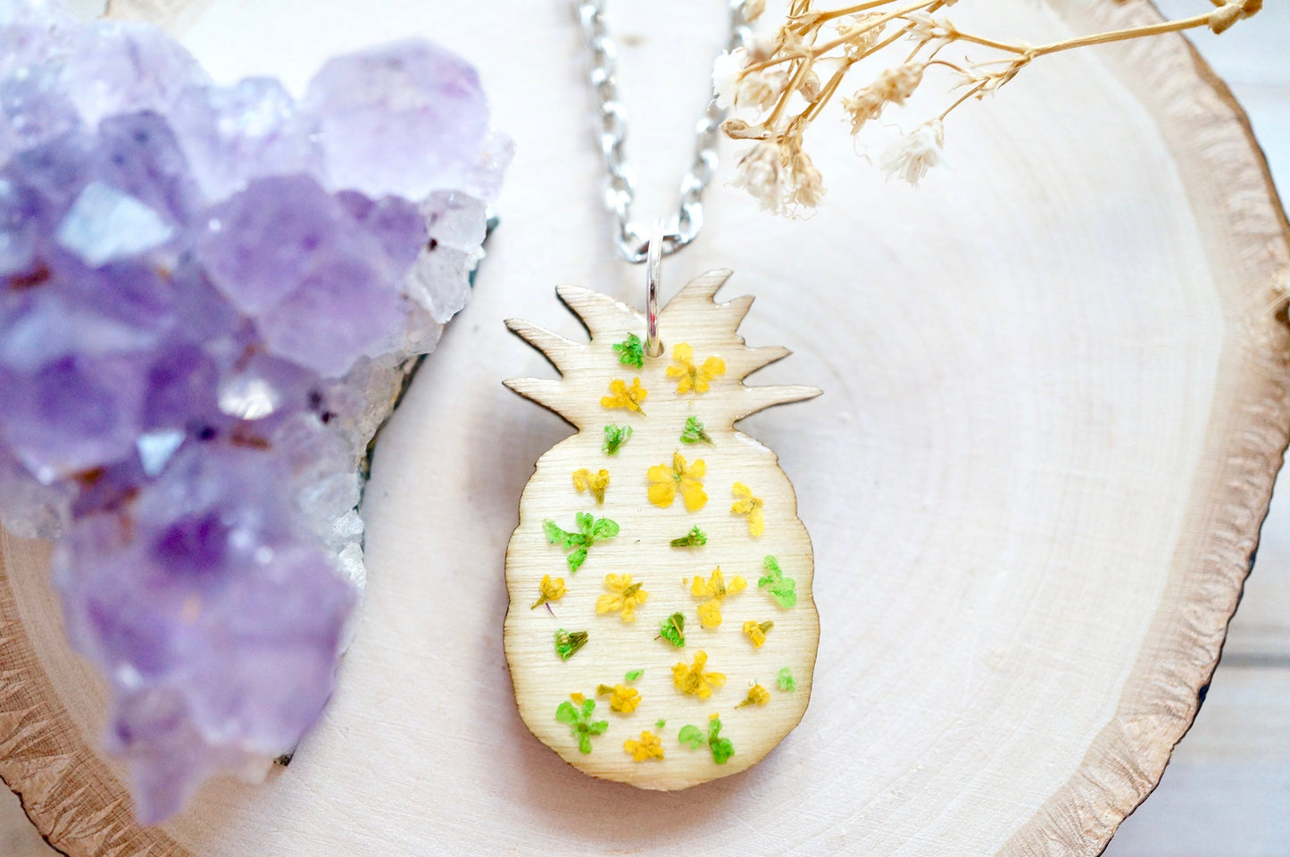 Real Pressed Flowers in Resin, Wood Pineapple Necklace in Yellow Green