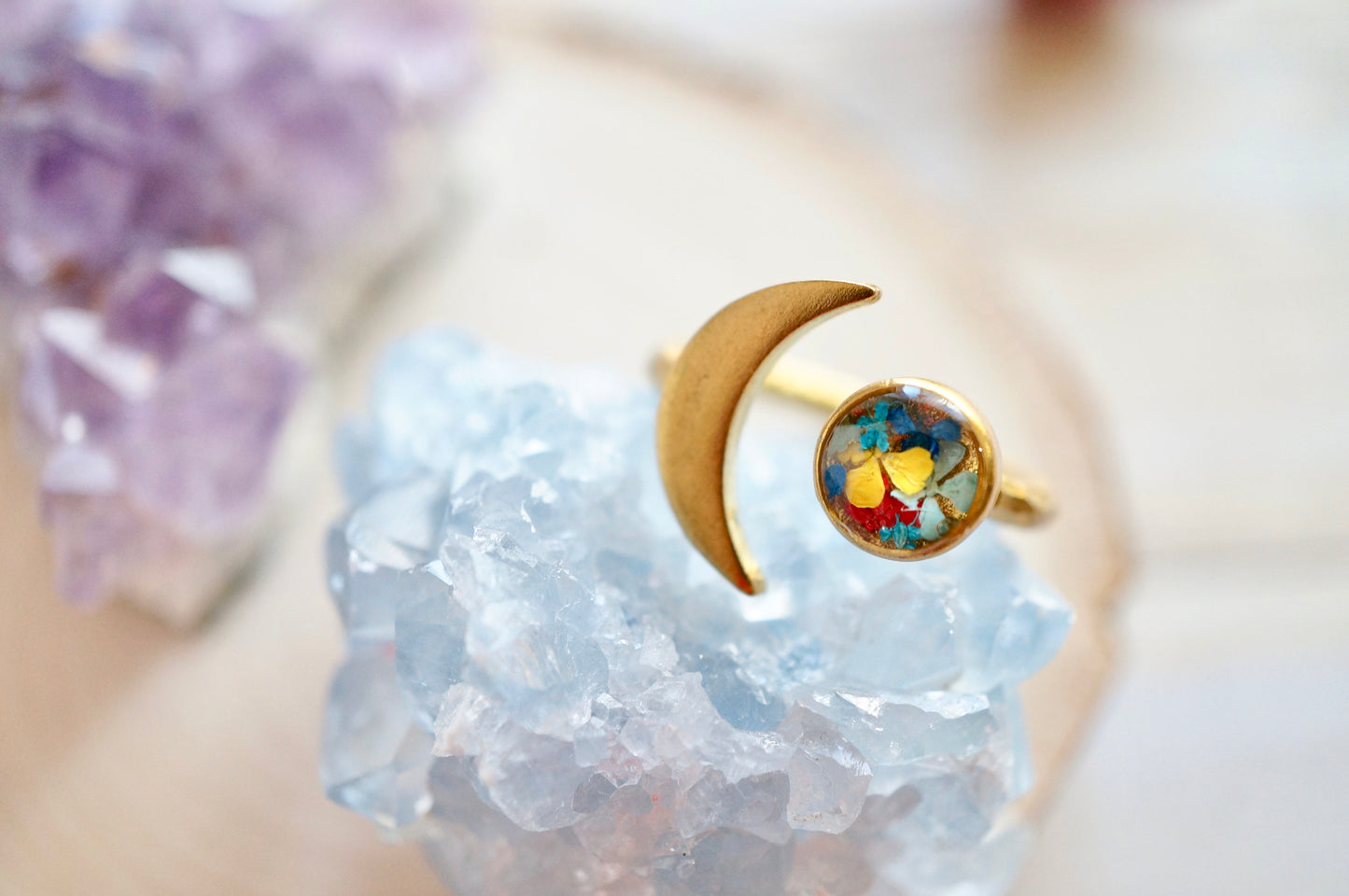 Real Pressed Flower and Resin Ring, Gold Celestial Moon in Mint Teal Blue Red Yellow