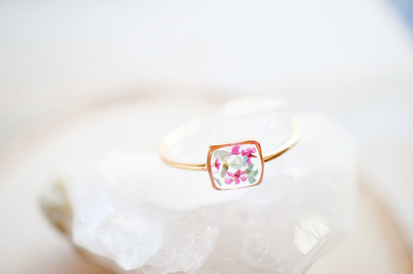 Real Pressed Flower and Resin Ring, Gold Band in Mint and Pink