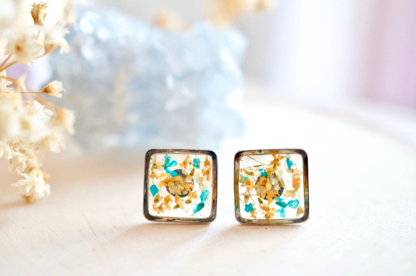 Real Pressed Flowers and Resin, Silver Square Stud Earrings in Orange White Teal