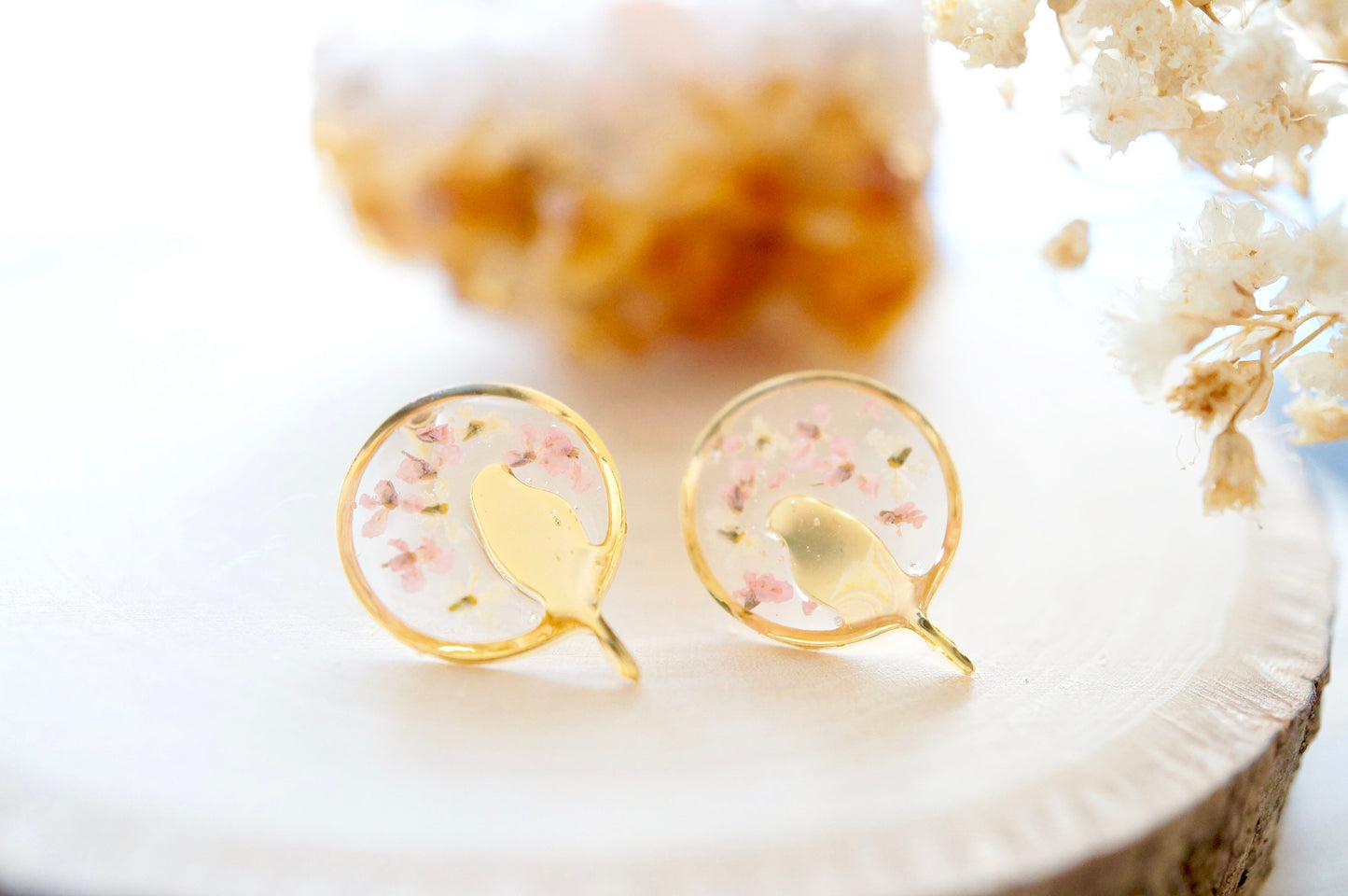 Real Pressed Flowers and Resin, Gold Bird Stud Earrings in White and Light Pink