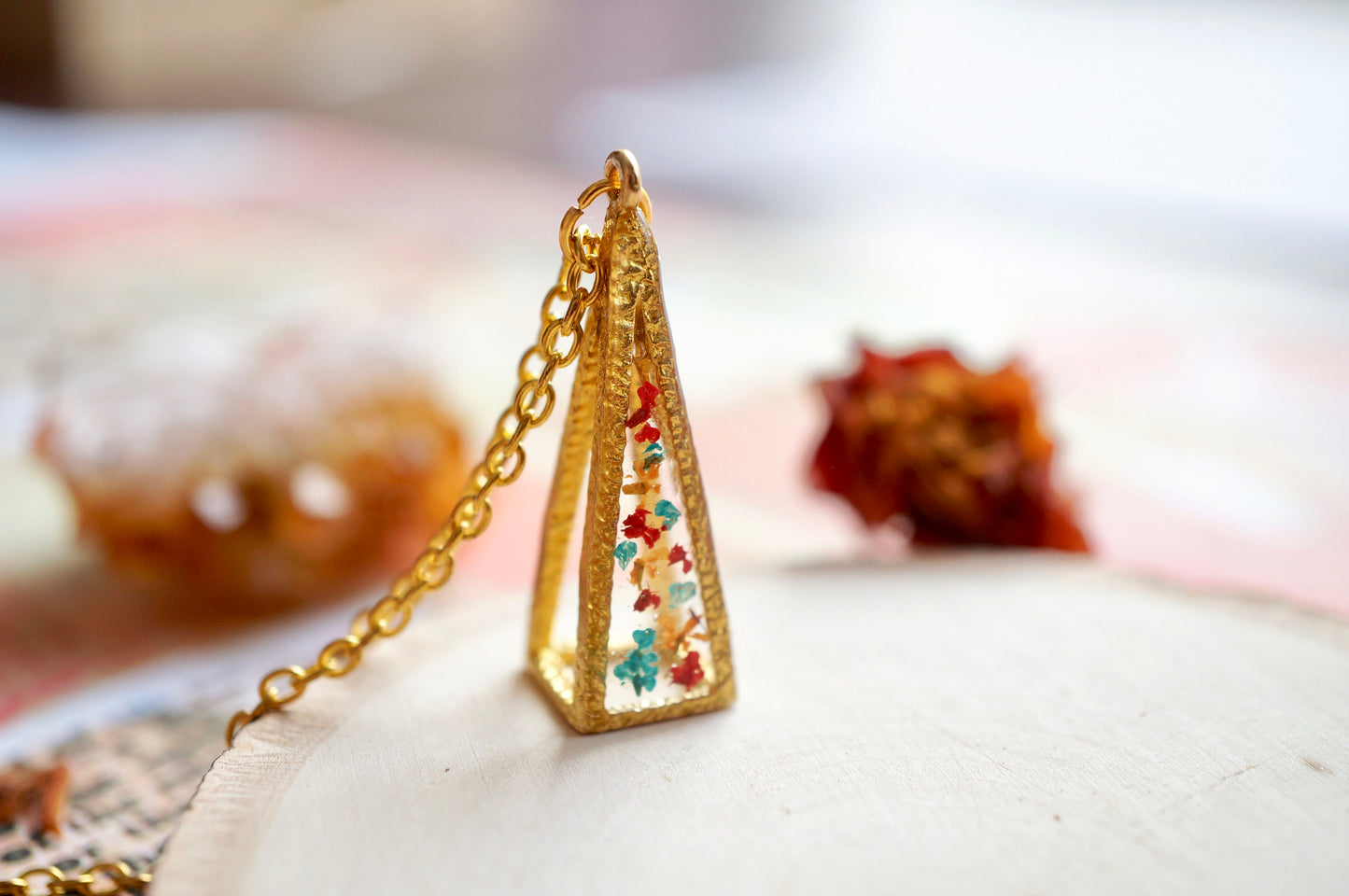 Real Pressed Flowers in Resin, Gold 3D Triangle Necklace in Teal Orange Red, Fall Jewelry, Dried Flowers, Autumn Jewelry