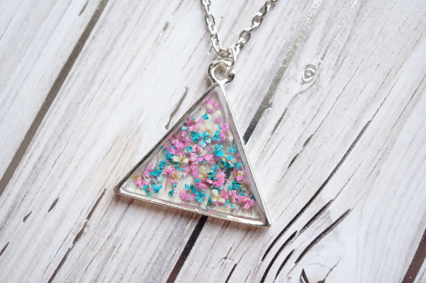 Real Pressed Flowers in Resin, SilverTriangle Necklace in Pink Teal White, Dried Flowers