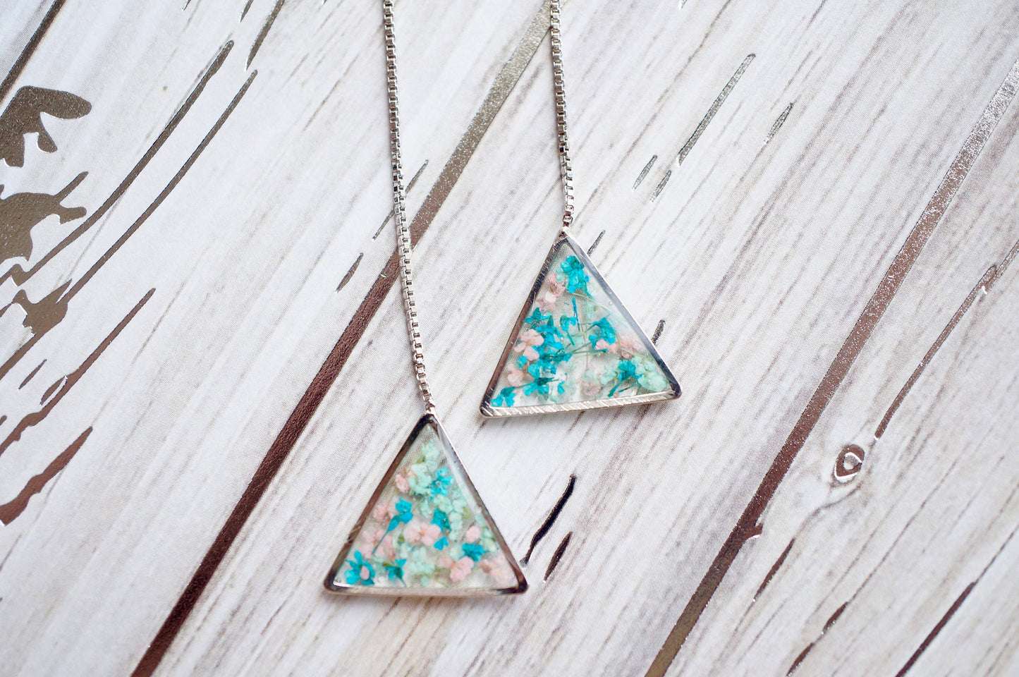 Real Pressed Flowers and Resin Threader Earrings, Silver Triangles in Mint Teal Light Pink