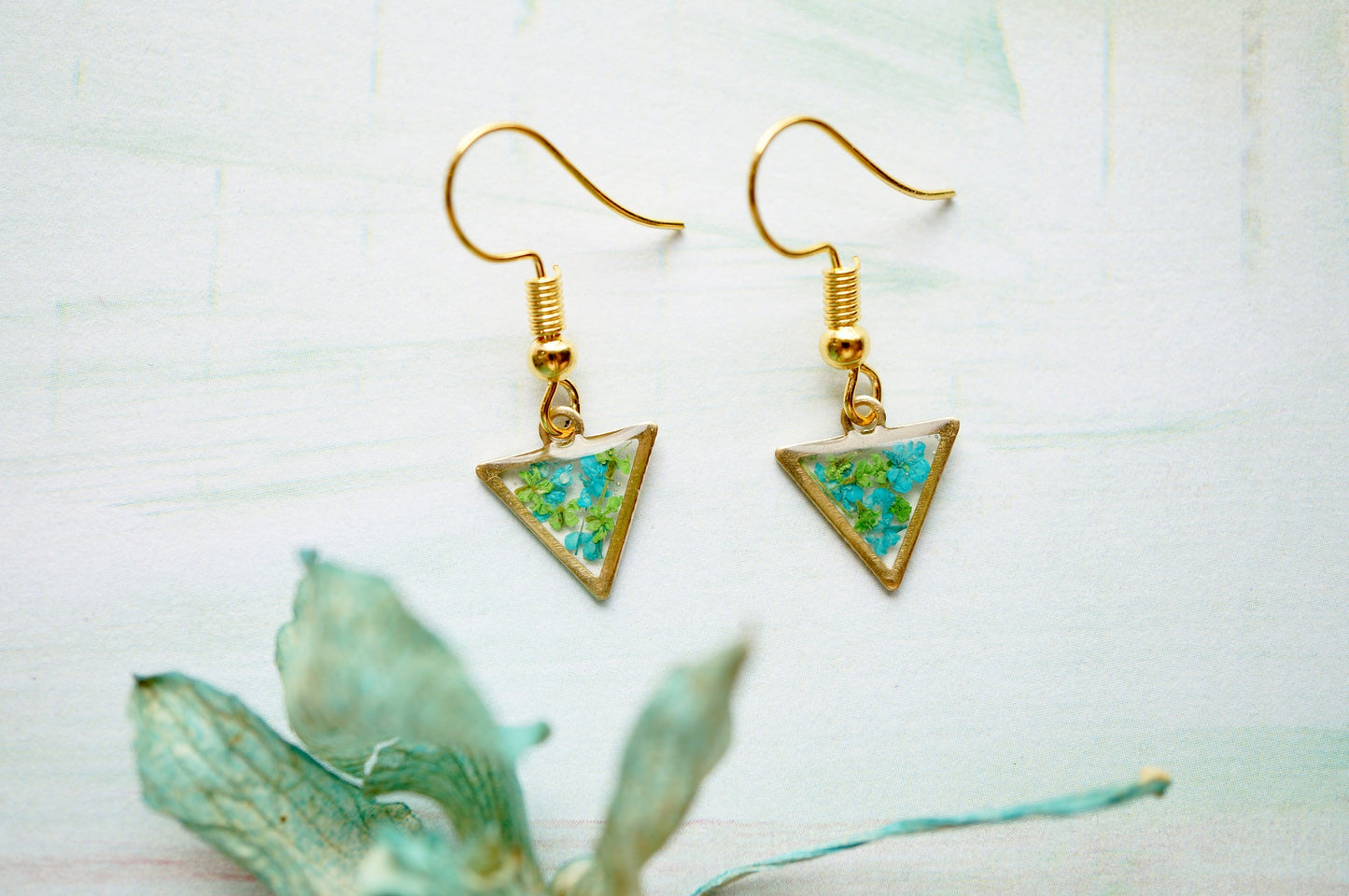 Real Pressed Flowers and Resin Drop Earrings, Gold Triangles in Teal Green