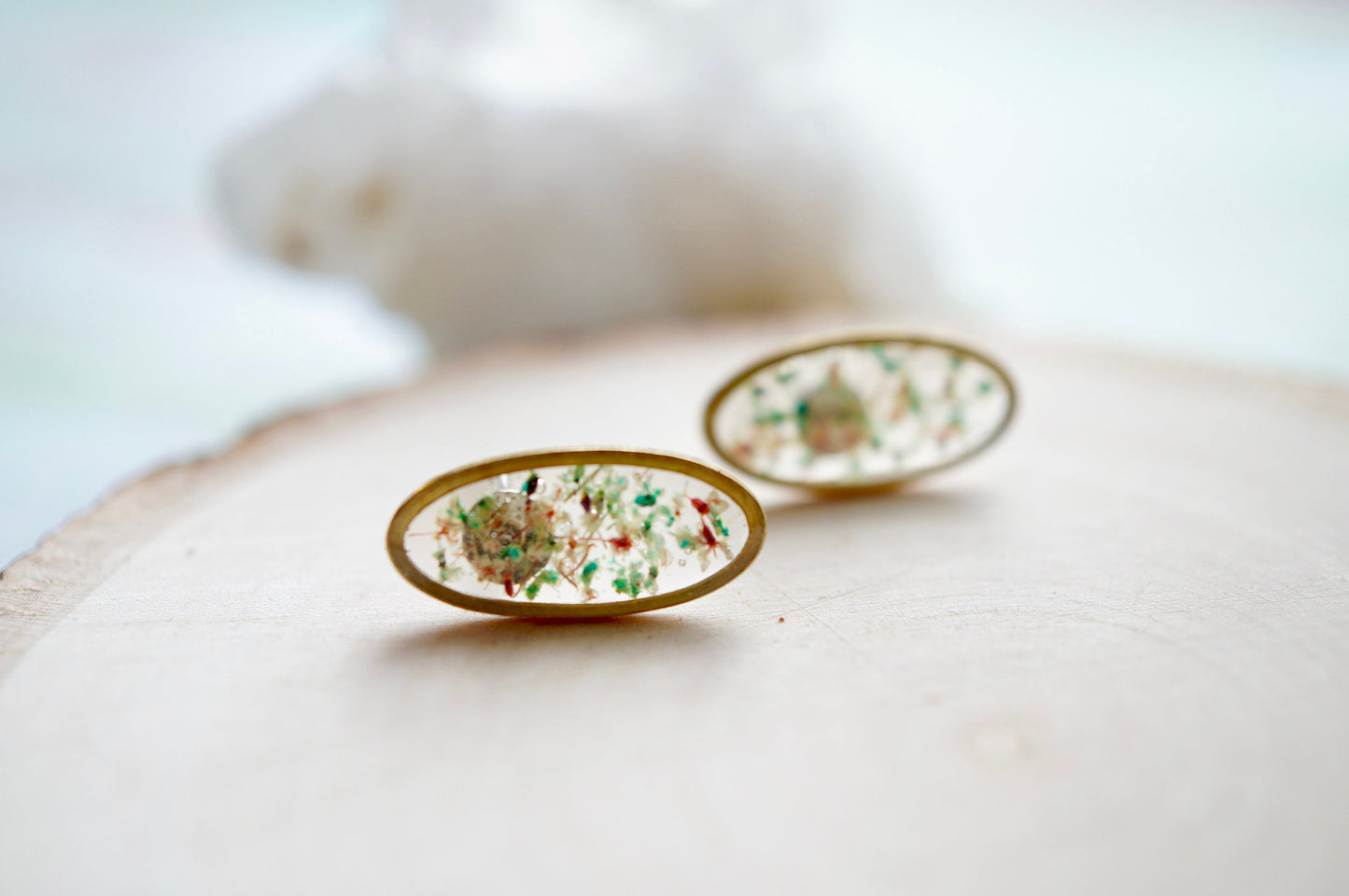 Real Pressed Flowers and Resin Stud Earrings, Gold Ovals in Teal Rose White