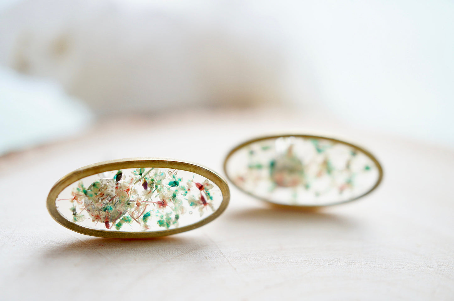 Real Pressed Flowers and Resin Stud Earrings, Gold Ovals in Teal Rose White
