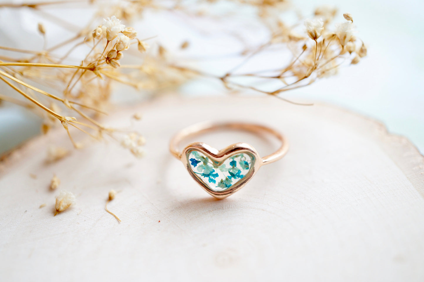 Real Pressed Flower and Resin Ring, Rose Gold Heart in Teal Mint