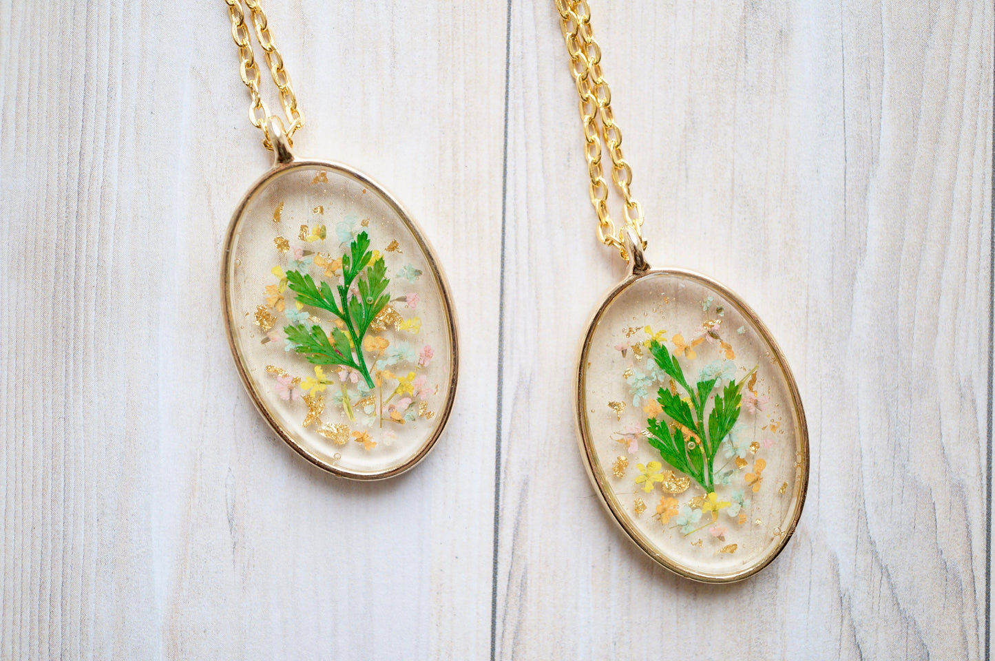 Real Pressed Flowers in Resin, Gold Oval Necklace in Orange Mint Light Pink