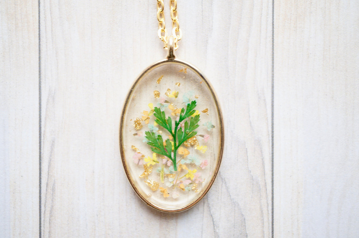 Real Pressed Flowers in Resin, Gold Oval Necklace in Orange Mint Light Pink