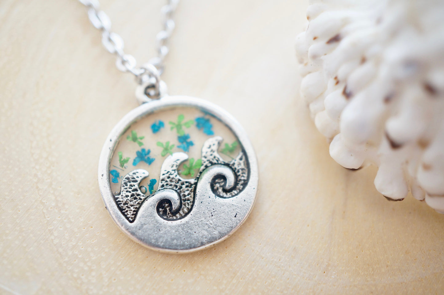 Real Pressed Flowers in Resin, Silver Circle Wave Necklace in Teal and Green