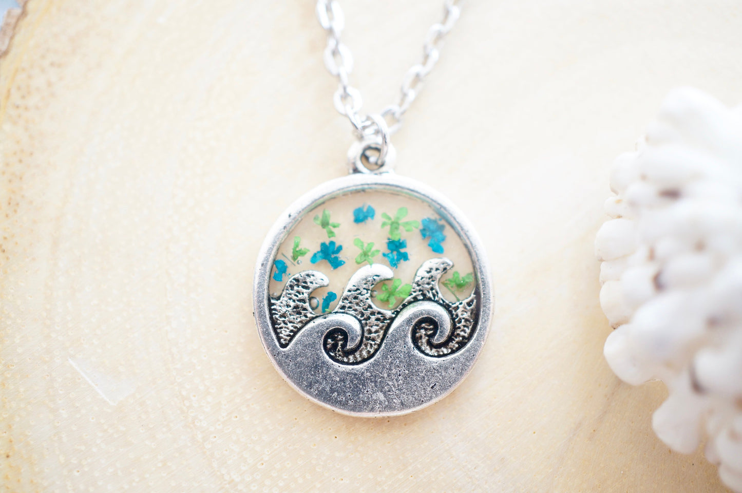 Real Pressed Flowers in Resin, Silver Circle Wave Necklace in Teal and Green