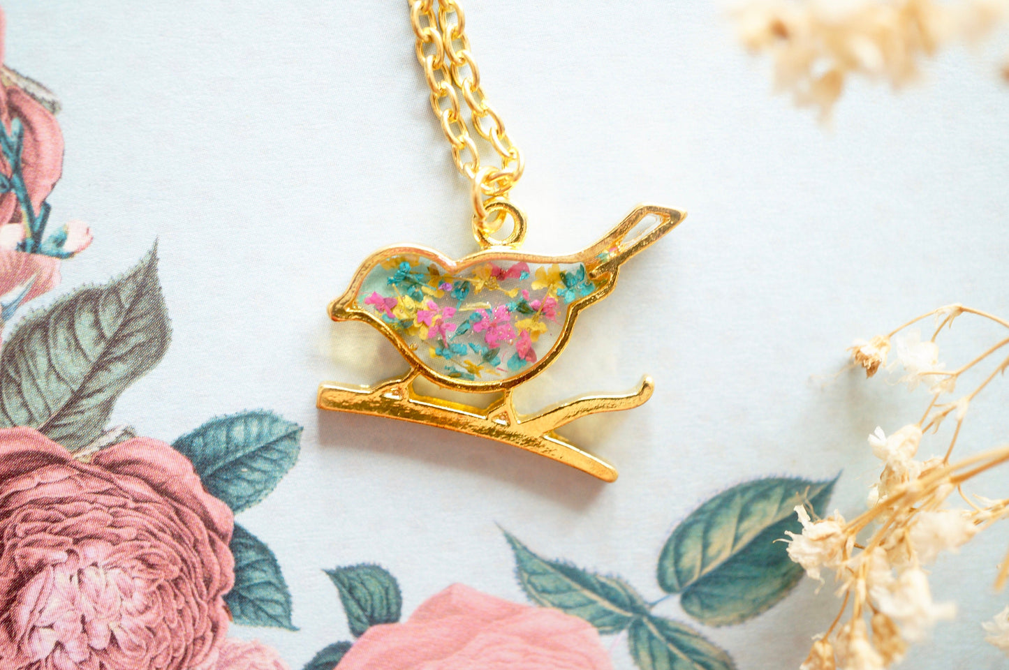 Real Pressed Flowers in Resin, Bronze Bird Necklace in Yellow and Light Pink