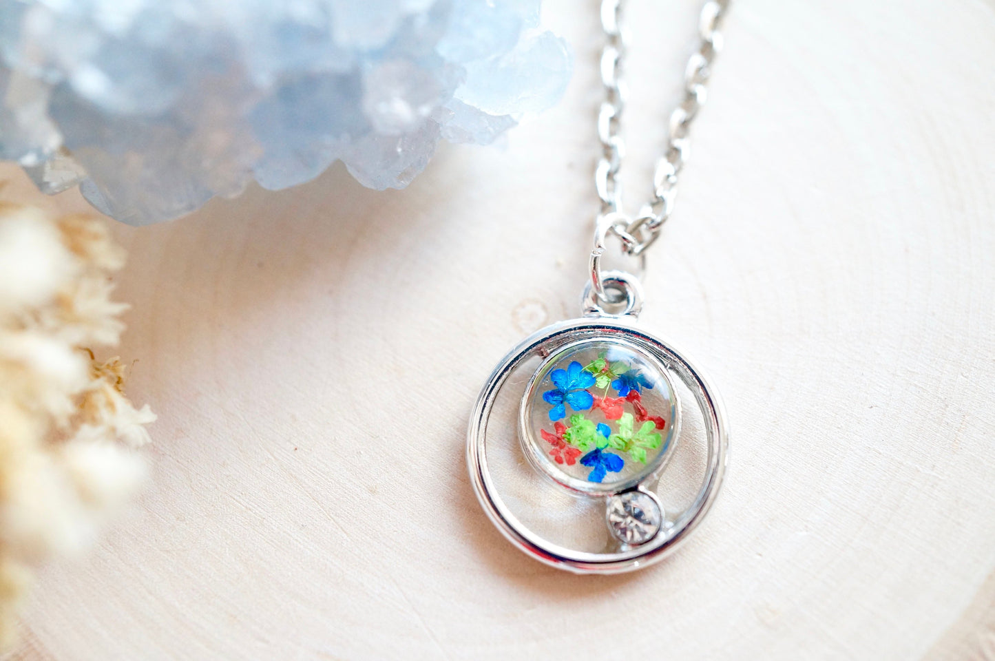 Real Pressed Flowers in Resin, Silver Circle Necklace in Blue Green Red