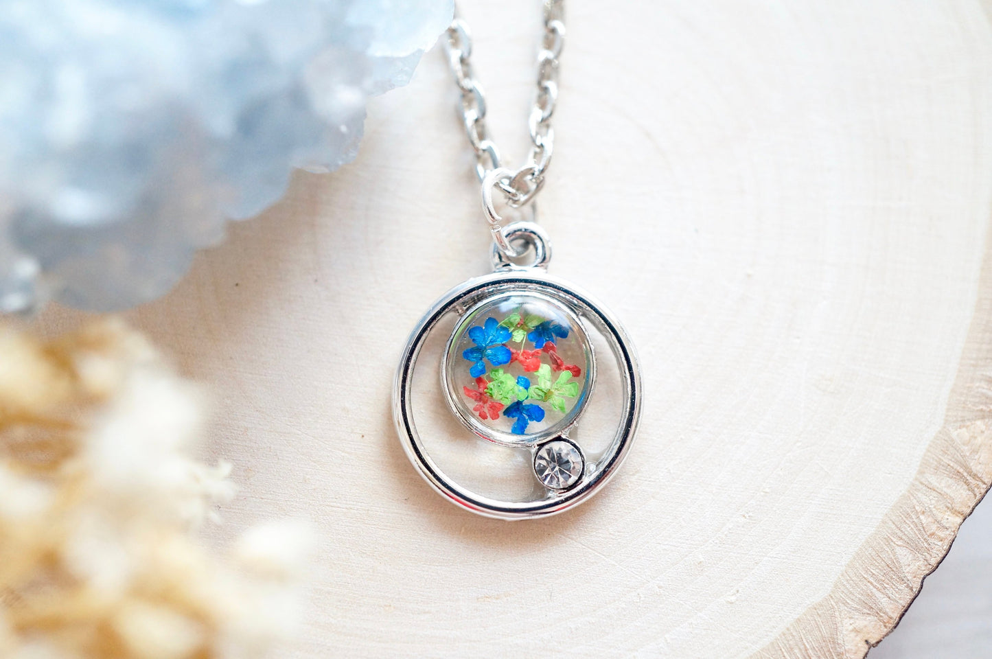 Real Pressed Flowers in Resin, Silver Circle Necklace in Blue Green Red